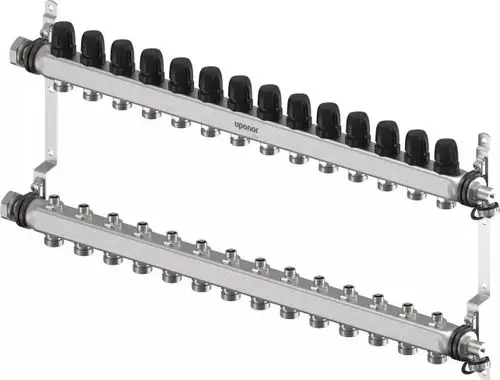 Uponor Verteiler mit mehreren Anschlüssen, bestehend aus zwei Reihen mit Anschlussmöglichkeiten. Verwendbar für Heizungs- oder Fußbodenheizungsanlagen.